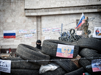 Barricades in front of the regional building of Donetsk where pro russian separatists settle to ask independence, in Donetsk, Ukraine, on Ap...