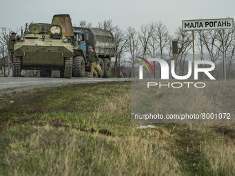 Armored vehicle of the russian army captured by the ukrainian army in Mala Rohan, in the outskirts of Kharkiv, Ukraine. (