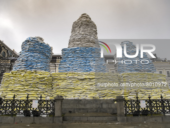 Monument of the Princess Olga, Apostle Andrew, Cyril and Methodius  covered by sand bags for protection  from possible destructions as Russi...