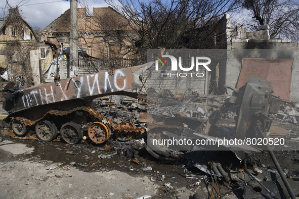 Street with destroyed Russian military machinery in the recaptured by the Ukrainian army Bucha city near Kyiv, Ukraine, 04 April 2022. 