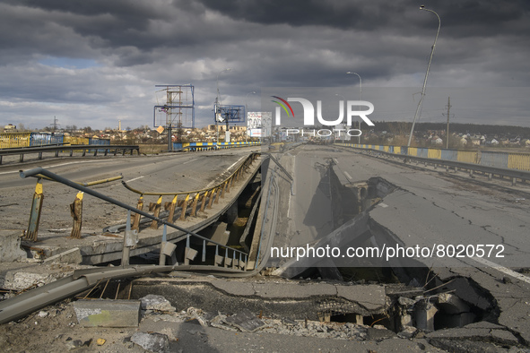A damaged bridge in the recaptured by the Ukrainian army Bucha city near Kyiv, Ukraine, 04 April 2022. 