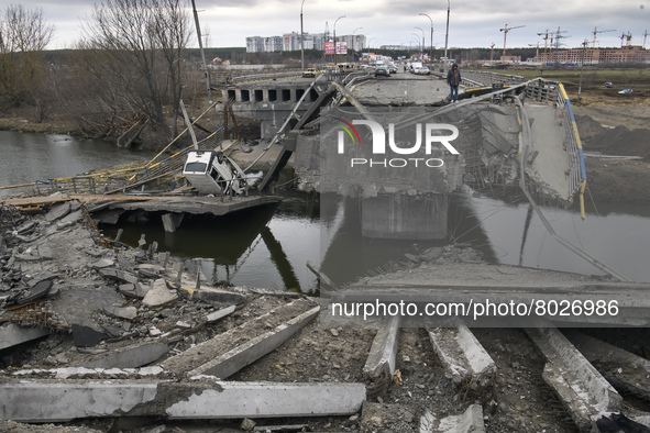 Destroyed bridge over  the Irpin river  outside the recaptured city of Irpin, Ukraine, 06 April 2022 