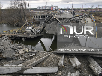 Destroyed bridge over  the Irpin river  outside the recaptured city of Irpin, Ukraine, 06 April 2022 (