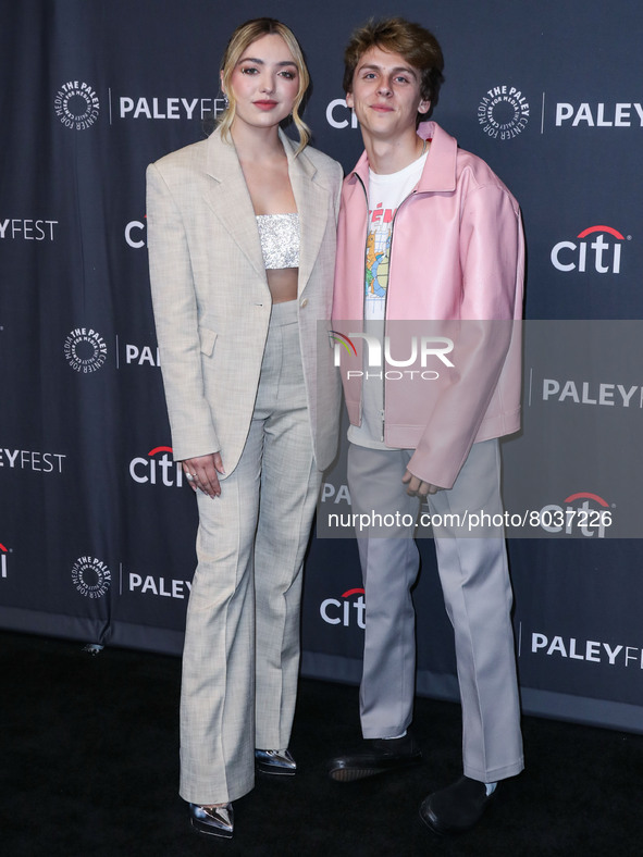 Peyton List and Jacob Bertrand arrive at the 2022 PaleyFest LA - Netflix's 'Cobra Kai' held at the Dolby Theatre on April 8, 2022 in Hollywo...