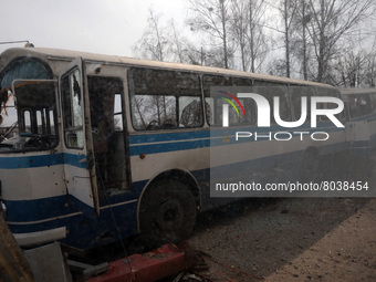 KYIV REGION, UKRAINE - Busses building damaged by the russian army shelling is seen in the city liberated from the occupiers, Hostomel, Kyiv...