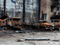 KYIV REGION, UKRAINE - Destroyed cars are seen in the city liberated from the russian occupiers, Hostomel, Kyiv Region, north-central Ukrain...