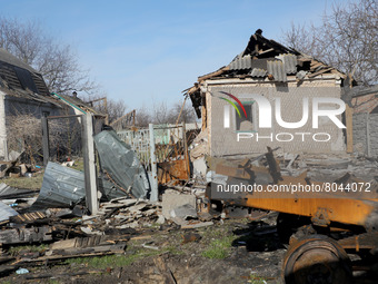 KYIV REGION, UKRAINE - APRIL 07, 2022 - A house damaged in the result of the russian military incursion into the Kyiv Region, north-central...