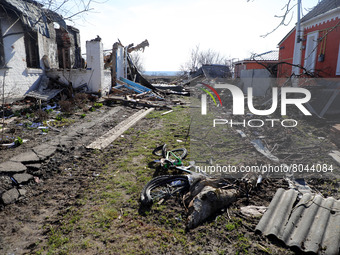 KYIV REGION, UKRAINE - APRIL 07, 2022 - Houses destroyed in the result of the russian military invasion, Kyiv Region, north-central Ukraine...