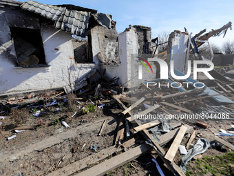 KYIV REGION, UKRAINE - APRIL 07, 2022 - A house destroyed in the result of the russian military invasion, Kyiv Region, north-central Ukraine...