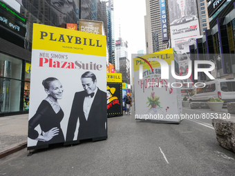 Playbill monoliths are unveiled as part of The Broadway Grand Gallery in Times Square on April 10, 2022 in New York City. Twenty-one playbil...