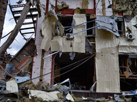 CHERNIHIV, UKRAINE - APRIL 11, 2022 - A building is destroyed after shelling by Russian invaders, Chernihiv, northern Ukraine.  (