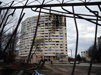CHERNIHIV, UKRAINE - APRIL 11, 2022 - A building shows damage caused by Russian invaders in liberated Chernihiv, northern Ukraine.  (