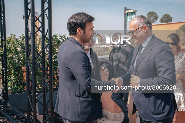 Edoardo Leo, and the Mayor of Rome Roberto Gualtieri attend the photocall of the movie ''Power of Rome'' at the Hotel de la Ville  on April...