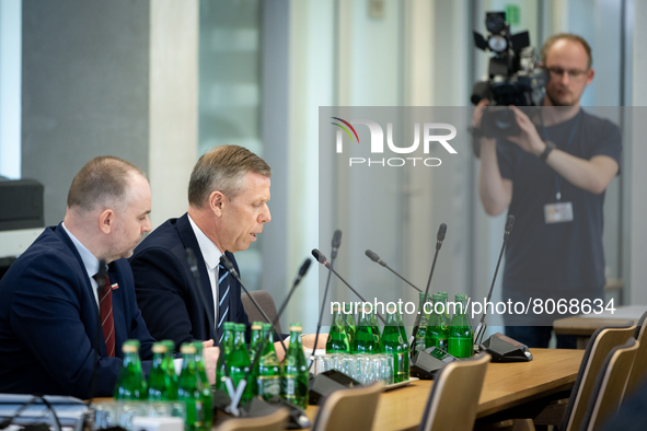 Piotr Cwik and Pawel Mucha on the Public Finance Committee, at Sejm (lower house of parliament) in Warsaw, Poland on April 13,  2022 