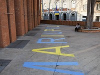 The writing Mariupol in front of the Piccolo Teatro Strehler to remember the theater full of civilians bombed by the Russians in Ukraine on...