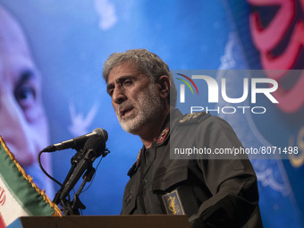 Commander of Iran’s Islamic Revolutionary Guard Corps’ (IRGC) Quds Force, Esmail Qaani, looks on while speaking during a ceremony in the Ira...