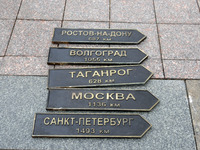 Five plates with the names of Russian cities are seen after they were removed from the memorial sign with directions of Odesa's twin cities,...