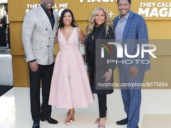 Magic Johnson, Cookie Johnson, Tonya Winfield and Dave Winfield arrive at the Los Angeles Premiere Of Apple's 'They Call Me Magic' held at t...