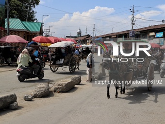 Concrete boulders are kept as road Divider as a Horse carrier moves through Iqbal Market in Sopore, Baramulla, Jammu and Kashmir, India on 1...