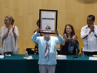 Alberto de la Rosa, founder of Son Jarocho Tlen Huicani, in a ceremony receives a recognition as an outstanding Veracruzano  at the San Laza...
