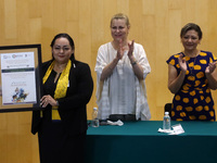 Susana Lara García, president of AMANC Veracruz - association for children with cancer,  during the Awards ceremony  receives a recognition...