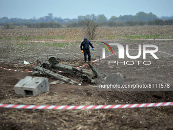 KYIV REGION, UKRAINE - APRIL 21, 2022 - An EOD expert of the State Emergency Service searches for explosives in the field during a mine clea...