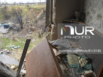 View of destroyed living room in the Residential building destroyed during Russia's invasion of Ukraine in Hostomel, Ukraine April 22, 2022....