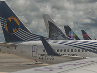 MAGNI Airline, Alaska Airline and Volaris Airline planes seen at Cancun International Airport.
On Monday, 25 April 2022, in Cancun Internati...