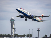 British Airways Embraer ERJ-190 aircraft departs from Amsterdam Schiphol Airport AMS to London City Airport LCY in the United Kingdom. The B...