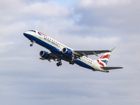 British Airways Embraer ERJ-190 aircraft departs from Amsterdam Schiphol Airport AMS to London City Airport LCY in the United Kingdom. The B...