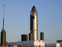 Starship 20 sits at the South Texas launch site in Boca Chica near Brownsville, Texas as SpaceX awaits the outcome of an FAA environmental r...