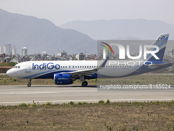 Indigo Airbus A320neo aircraft as seen on the runway and taxiway taxiing for departure at Kathmandu Tribhuvan International Airport. The mod...