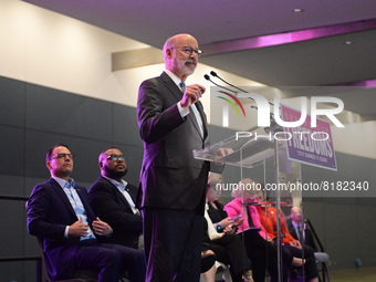 PA Governor Tom Wolf speaks on stage during the Democrats Defends Choice Rally to protest the recently leaked Supreme Court opinion indicati...