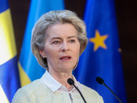 President of the European Commission Ursula von der Leyen is seen at the High-Level International Donor's Conference for Ukraine at the Nati...