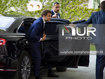 French President Emmanuel Macron upon his arrival at the Chancellery in Berlin, Germany on May 9, 2022. (