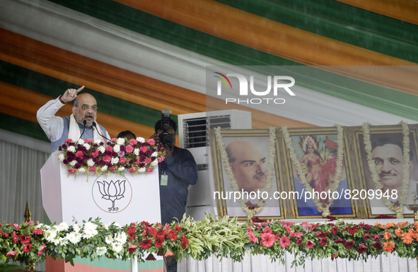 Union Home Minister Amit Shah addressing during a public rally as Chief minister Himanta Biswa Sarma led alliance Assam Government complete...