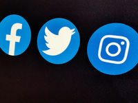 Facebook,Twitter and Instagram logos are seen during EDP conference 'Solutions For Europe' for the 18th anniversary of Poland joining EU. Kr...