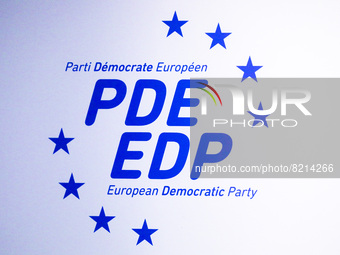 European Democratic Party logo is seen during EDP conference 'Solutions For Europe' for the 18th anniversary of Poland joining EU. Krakow, P...