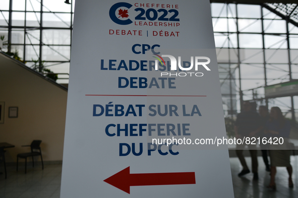 Direction sign near the entrance to the Conservative Party of Canada English leadership debate, at Edmonton Convention Center.On Wednesday,...