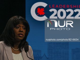 Conservative leadership candidate Leslyn Lewis answers journalists' questions at the end of the Conservative Party of Canada English leaders...