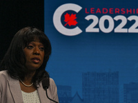 Conservative leadership candidate Leslyn Lewis answers journalists' questions at the end of the Conservative Party of Canada English leaders...