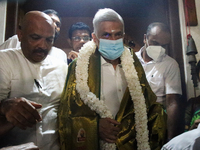 Sri Lanka's former prime minister and United National Party (UNP) leader Ranil Wickramasinghe arrive at a Buddhist temple and receives bless...