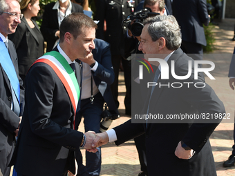Italian Prime Minister Mario Draghi and the mayor of Sorrento Massimo Coppola arrives for Verso Sud Meeting in Sorrento at the 1st edition o...