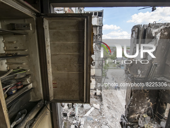 View from the kitchen in the burned apartment in the residential building, destroyed during russia's invasion in Ukraine, in the Borodianka...