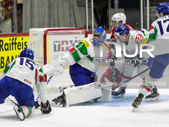 Team Italy defending the goal 
©IIHF2022  during the Ice Hockey World Championship - Switzland vs Italy on May 14, 2022 at the Ice Hall in...