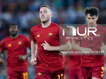 Jordan Veretout of AS Roma looks on during the Serie A match between AS Roma and Venezia Fc on May 14, 2022 in Rome, Italy.  (