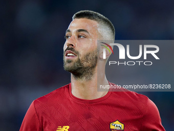Leonardo Spinazzola of AS Roma looks on during the Serie A match between AS Roma and Venezia Fc on May 14, 2022 in Rome, Italy.  (