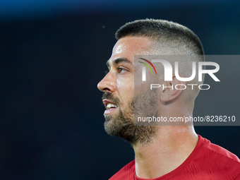 Leonardo Spinazzola of AS Roma looks on during the Serie A match between AS Roma and Venezia Fc on May 14, 2022 in Rome, Italy.  (