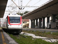 Arrival of the first ETR470 (White Arrow) superfast train in Thessaloniki Railway Train Station, Greece on May 15, 2022.  (