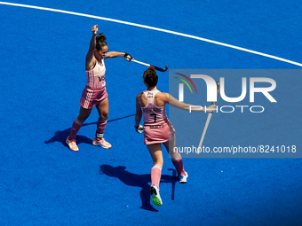 Agustina Albertarrio (R) of Argentina celebrates after scoring her side's first goal with her teammate Rocio Sanchez during the FIH Hockey P...